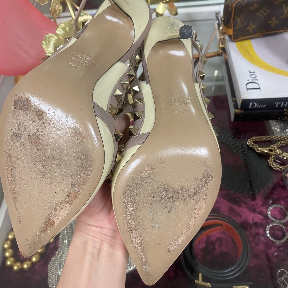 Valentino Two-Tone Rockstud T-Strap Pointed Pumps in Ivory and Nude - Picture 7 of 9